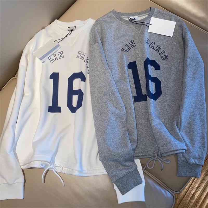 

2021 early autumn new women' clothing Linjia No. 16 printed drawstring loose round neck sweater, White
