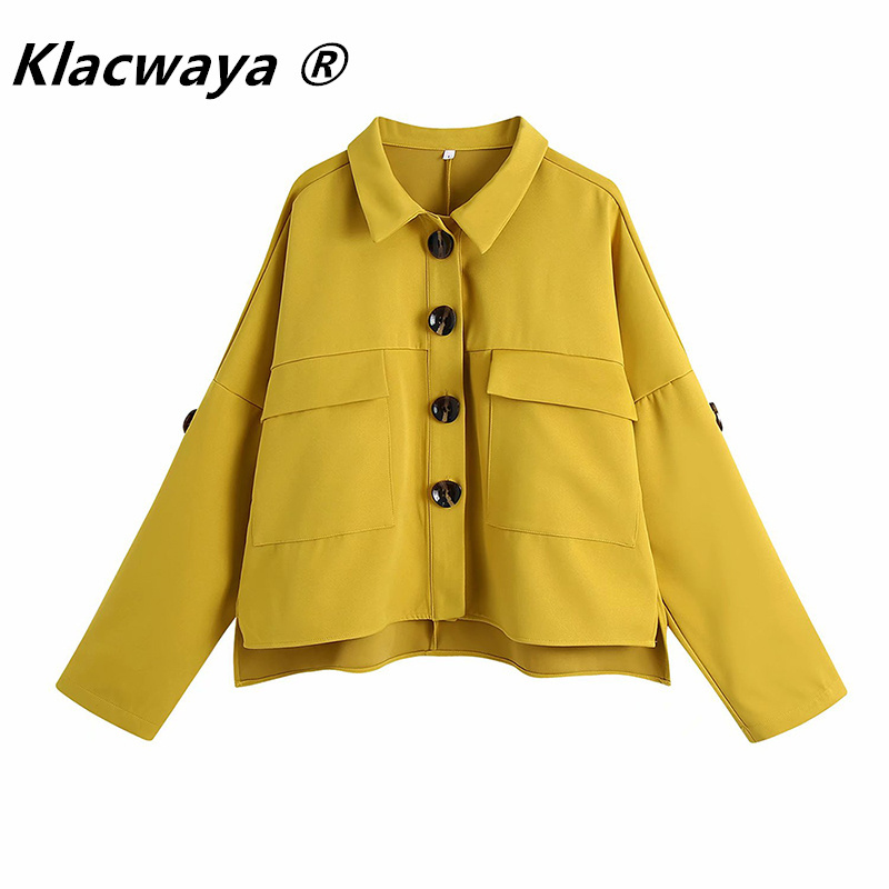 

Women's Spring Jacket Long Sleeve Patch Pocket Shirt Coat Single-breasted Lapel Female Yellow 210521