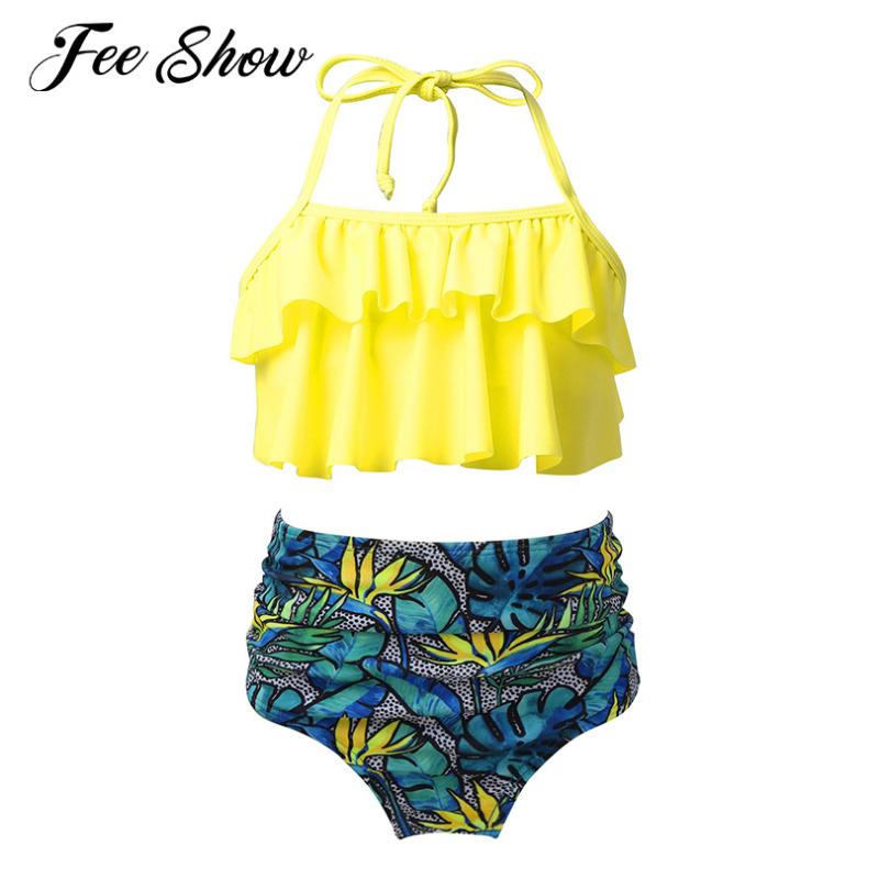 

Quick Dry Kids Girls Tankini Beachwear Adjustable Halter Swimwear Swimsuit Bathing Suit Sets Ruffled Tops Floral Printed Bottoms One-Piece S