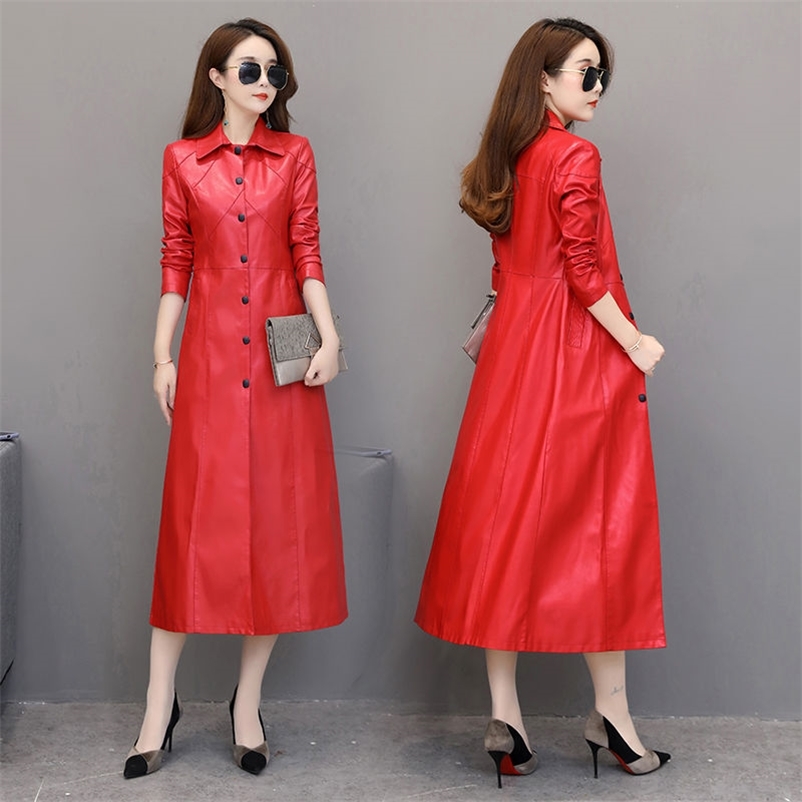 

Autumn Faux Leather windbreaker Women's PU Overcoat Vintage Long Temperament Thick Casual Trench Coat Outwears 210519, Purple