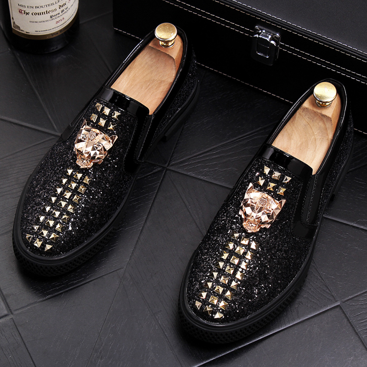 

NEW Men embroidery skull Shoes Fashion black Gold Casual Flats Men's Designer Dress Shoes Sequined Loafers Male Platform Driving Shoe 38-44