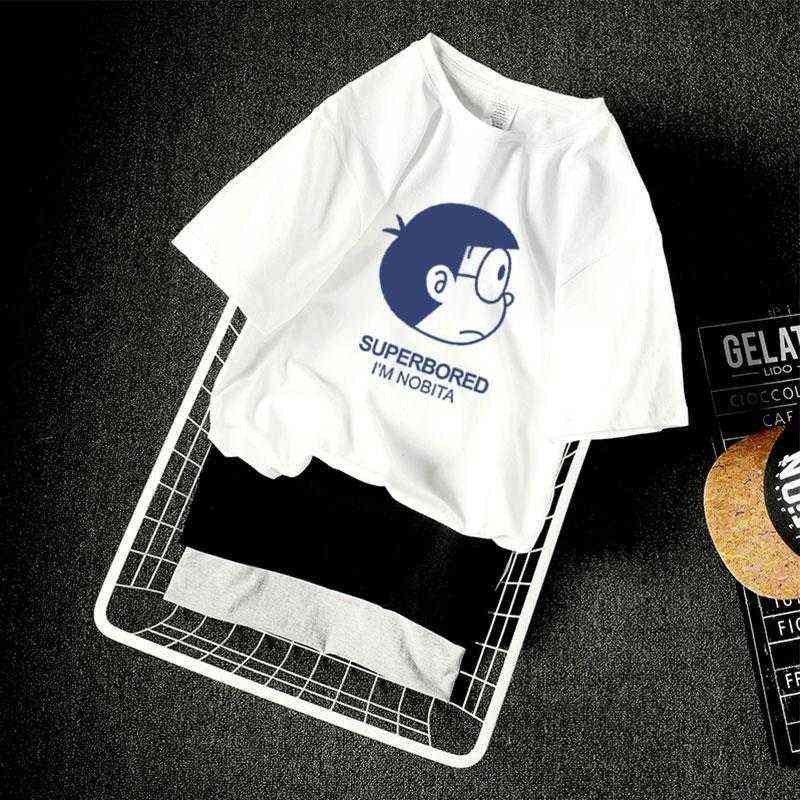 Fashion Doraemon Clothes Summer Short-sleeved T-shirt Funny Printing Cartoon NOBITA Couple Casual Tops Women's T-shirts G1222-image-747710795