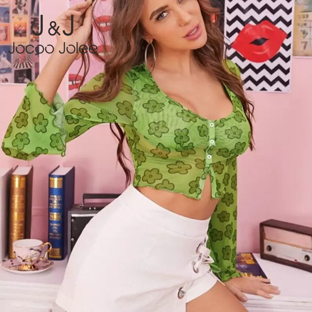 

Jocoo Jolee Women Mesh Floral Printing Summer Sexy Long Flare Sleeve T-Shirt Low Navel Buttons Breast Top Party Club 210518, Green