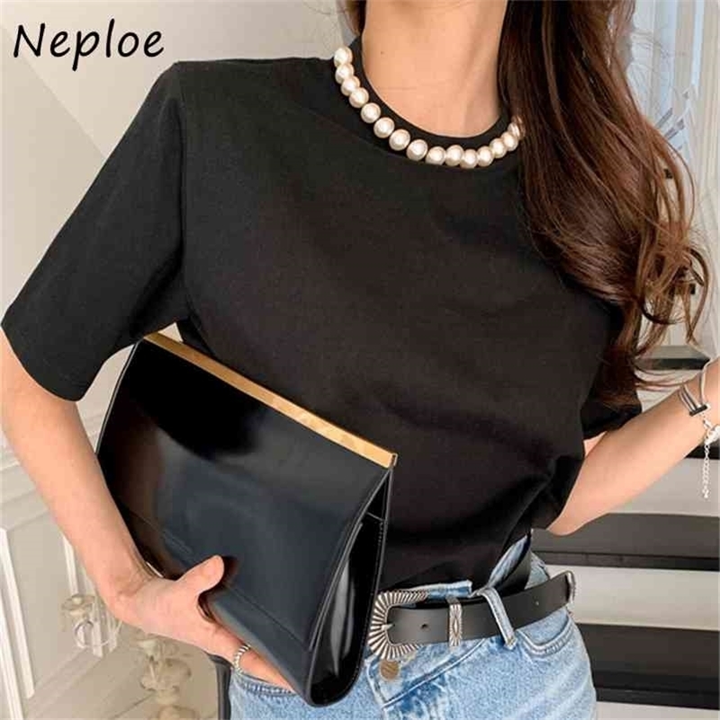 

Neploe O Neck Beading Patchwork Short Sleeve T Shirt Women Summer Loose Tees Loose Causal Simple Ladies Top Femme 210719, Black
