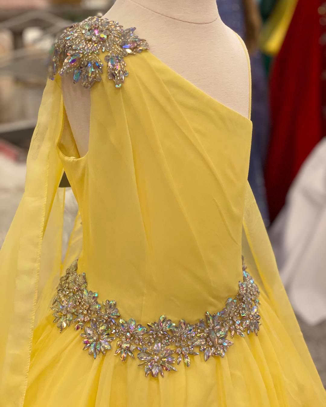 

Yellow Pageant Dresses for Infant Toddlers Teens 2021 with Cape ritzee roise Ballgown Chiffon Long Girl Formal Party Gowns One-Shoulder Zipper Back Crystals, Custom made from color chart