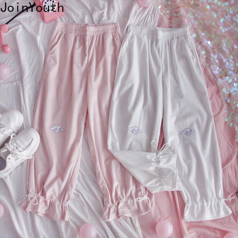 

japanese kawaii corduroy harajuku women pants soft wild casual straight trousers cute cartoon ruffle pantalon 7b318, Black;white