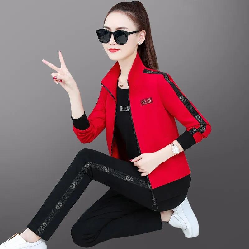 

Women's Two Piece Pants Women Tracksuit 3 Set Fashion Sweatsuit Zip Up Long Sleeve Sweatshirt Jacket Casual Suit Jogger Plus Size Sportswear, Red