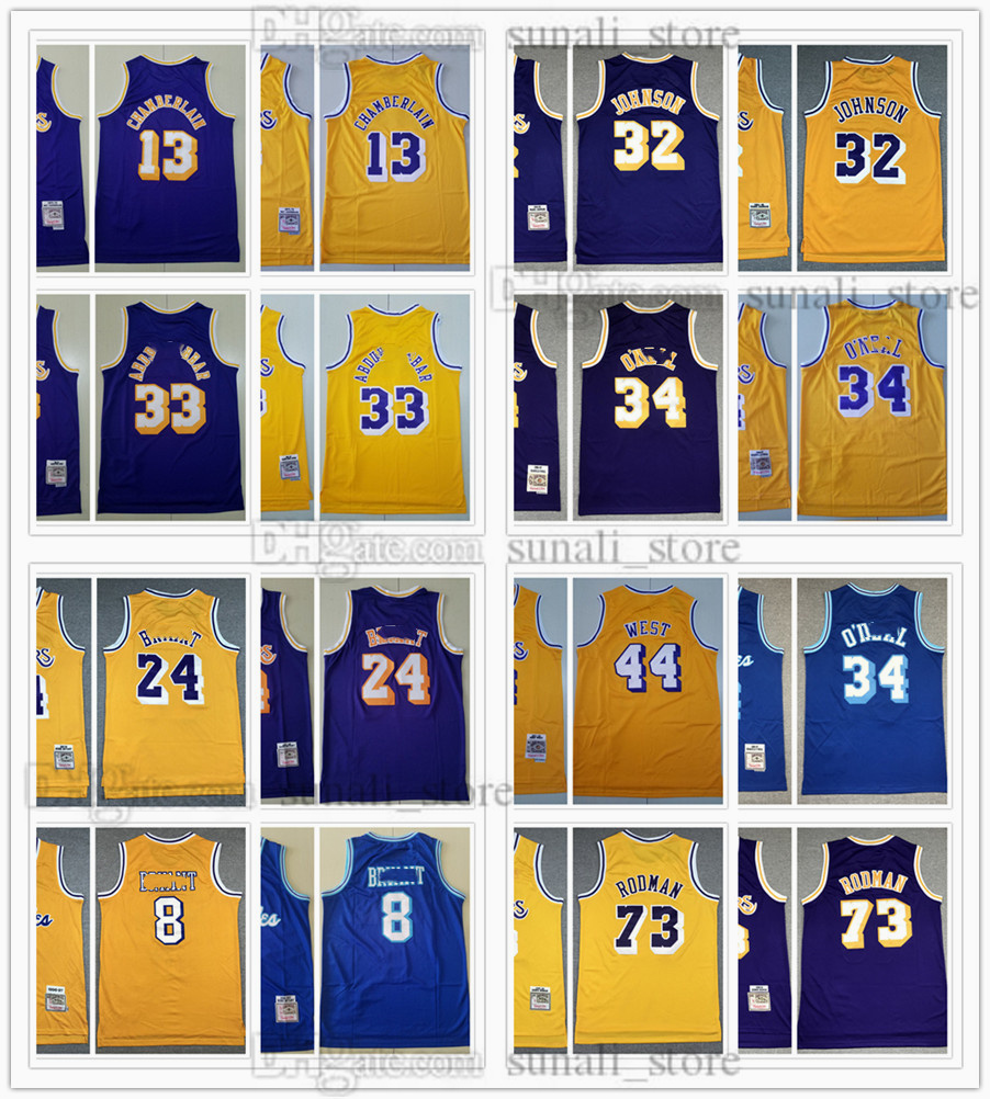 

Men Retro Basketball Dennis 13 Chamberlain Jerseys Mitchell & Ness Wilt 73 Rodman Jerry 44 Johnson 32 West Mesh Yellow White Blue Purple Vintage Shirts Stitched