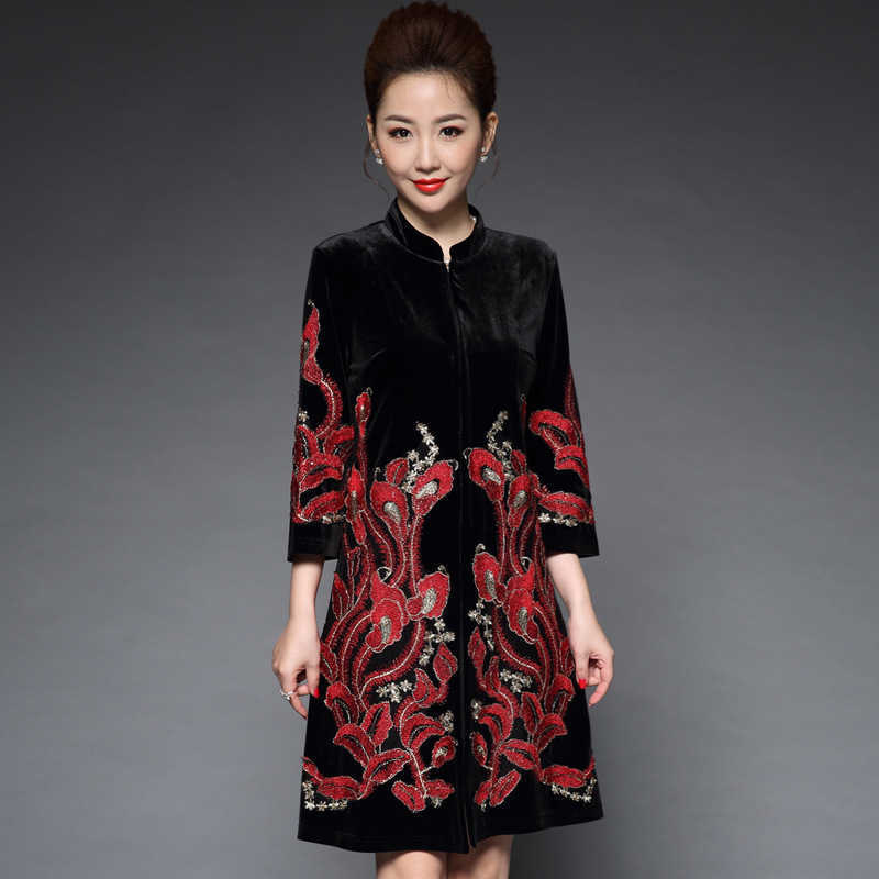 Luxury Evening Dress Middle Aged Elderly Women's Golden Veet Cloth 2021 40-50 Year Old Middle-aged M's Spring Coat Medium and Long Fema-image-735066311