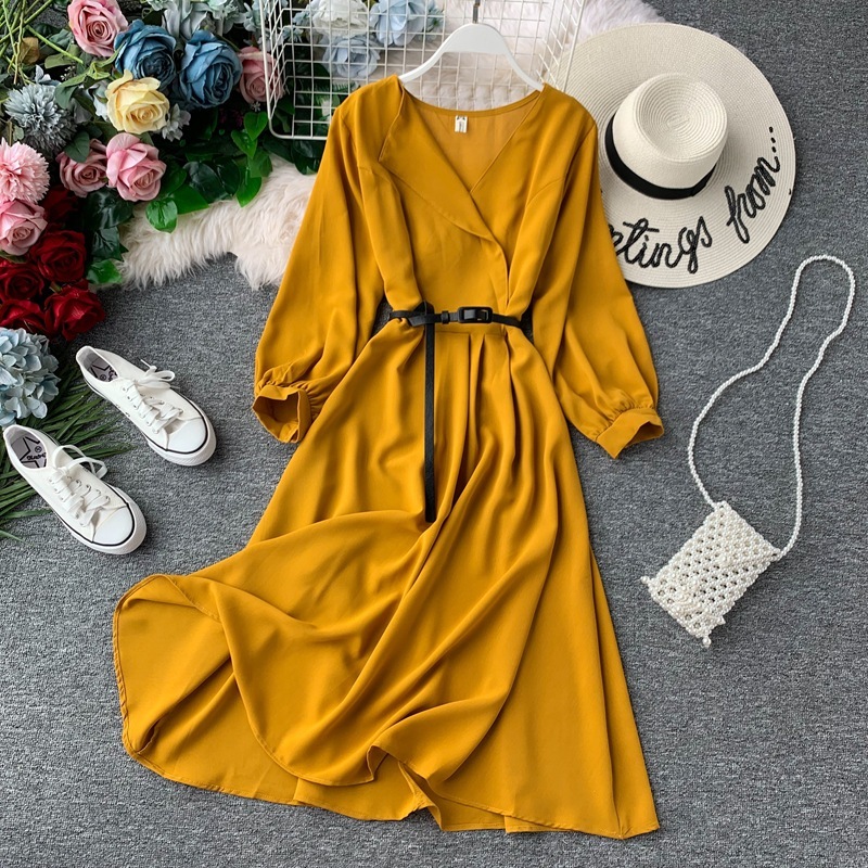 

Fashion Ladies Spring Summer Dress Sashes Long Sleeve V Neck Casual Chic Solid High Waist Women's 210520, Light blue