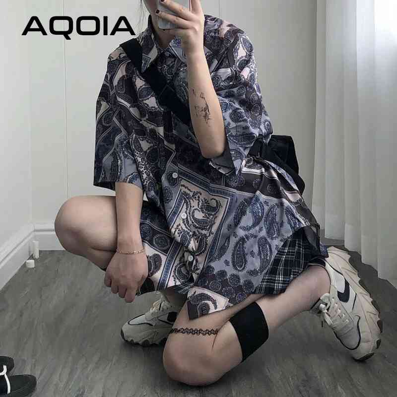 

Summer Streetwear Floral print Women Blouse Shirt Oversize Loose Short Sleeve Ladies Button Up Female Clothing 210521, White t shirt