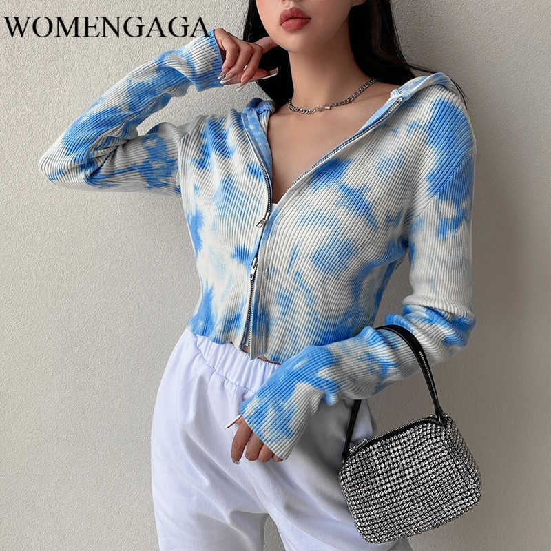

WOMENGAGA Sweatshirt Girl Ins Tie-dyed Double Zipper Hooded Knitted High Waist Short Autumn Tops Fashion MQYZ 210603, And white tie-dye