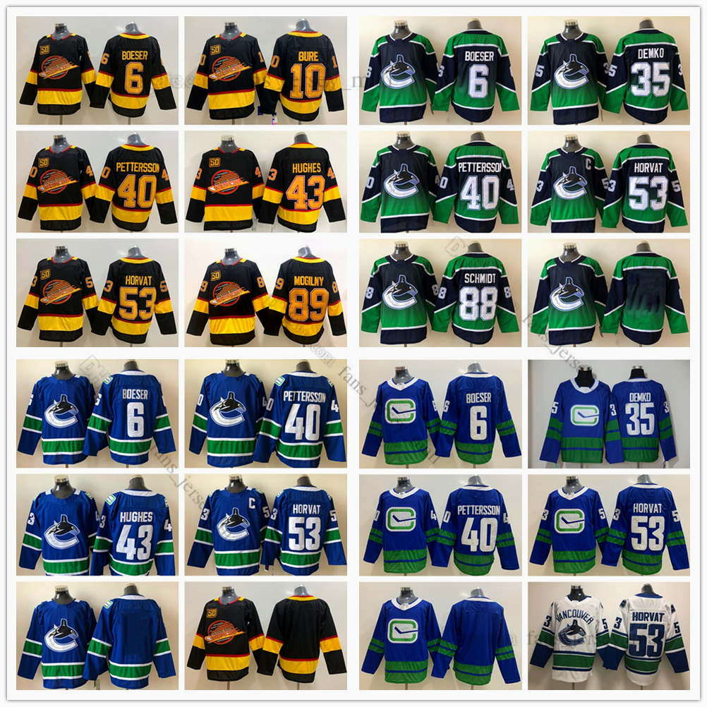 

Vancouver Canucks Ice Hockey Jerseys 40 Elias Pettersson 43 Quinn Hughes 53 Bo Horvat 89 Alexander Mogilny 10 Pavel Bure 35 Thatcher Demko Jersey, Same as picture