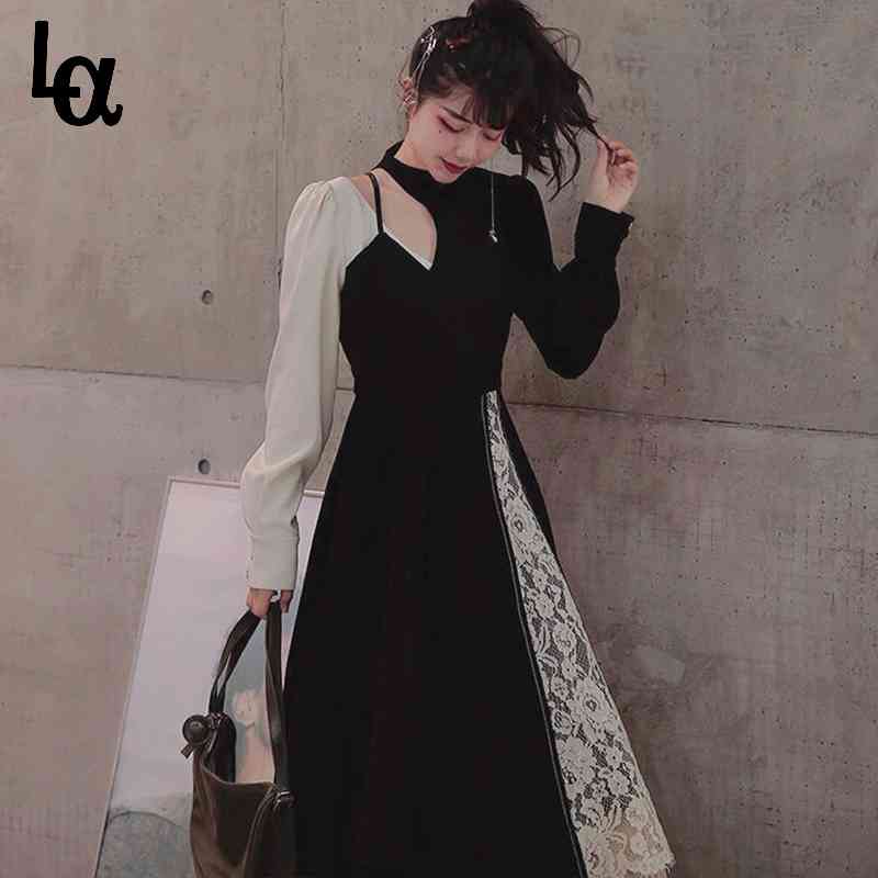 

Spring Design Dress Korea Casual Long Sleeve Lace Elegant Vintage Women Fake Two Sweet Midi 210519, Black