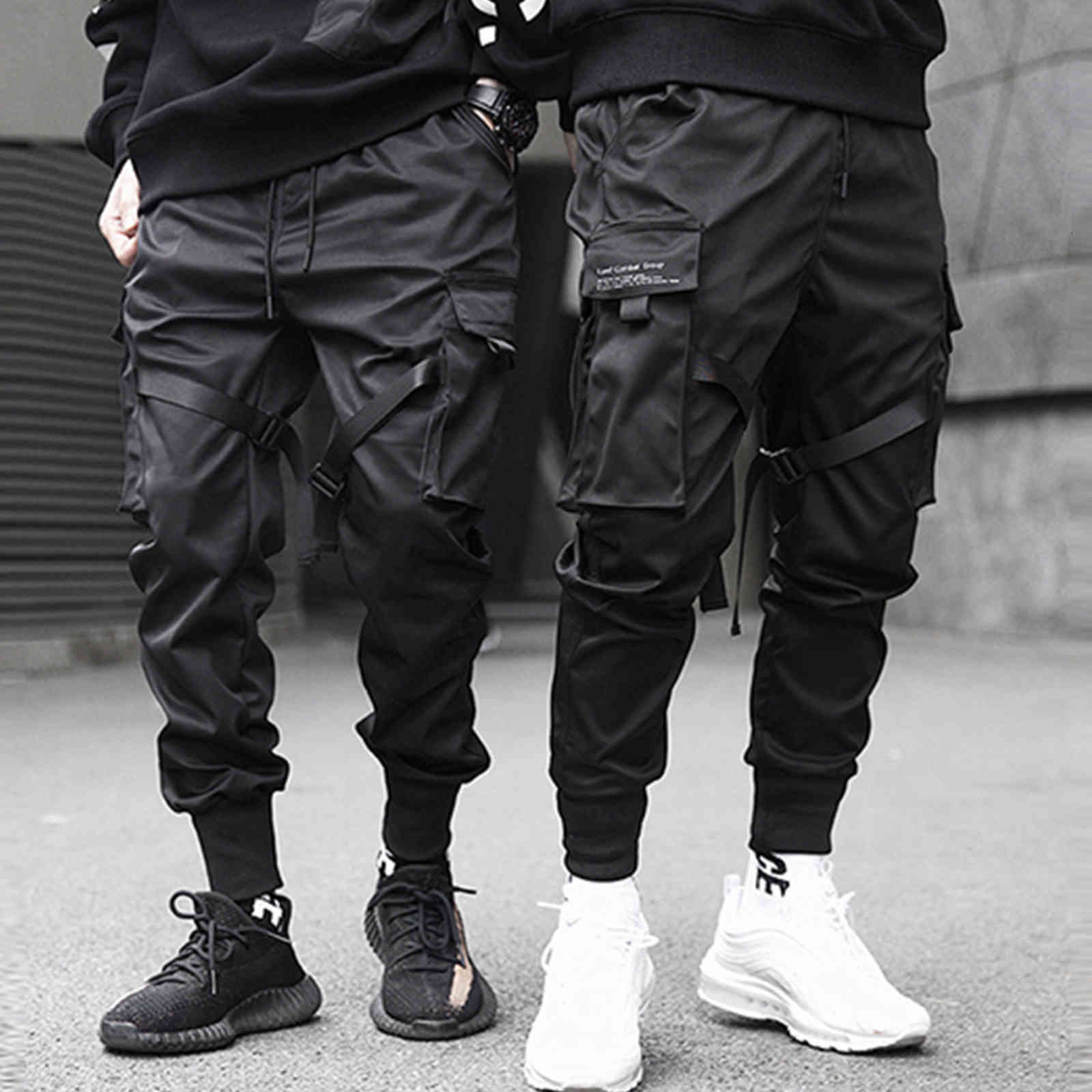 

men's pants lacible hip hop cargo ribbons men black streetwear harajuku techwear tactical trousers harem joggers sweatpants punk f