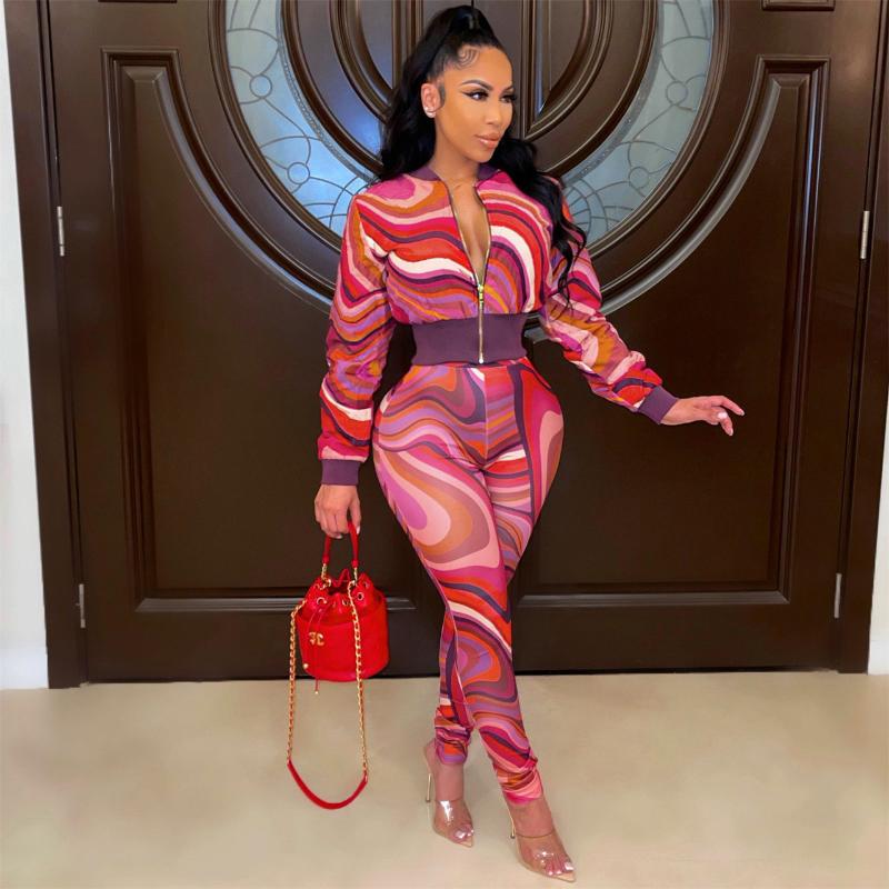 

Women's Two Piece Pants Printing Women Party Pieces Set Elegant Fall Clothes Full Sleeves Zipper Jacket Ladies Club Sets 2022, White