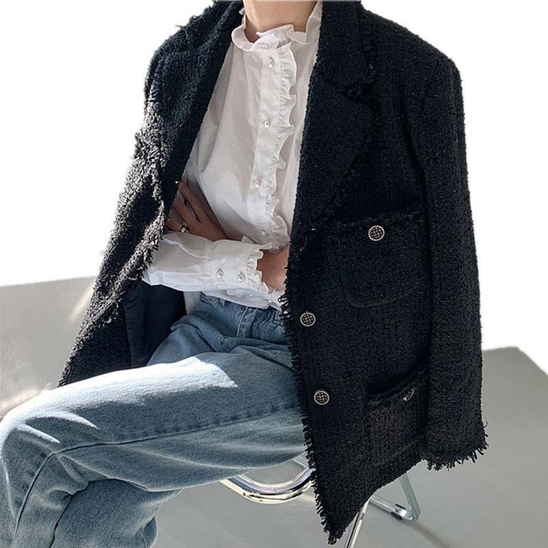 

Korean Tassel Tweed Jackets 2021 Casacas Para Mujer Slim Long Sleeve Woman Coats Clothing Casual Spring Autumn Black Style Tops Women' Wool, Beige