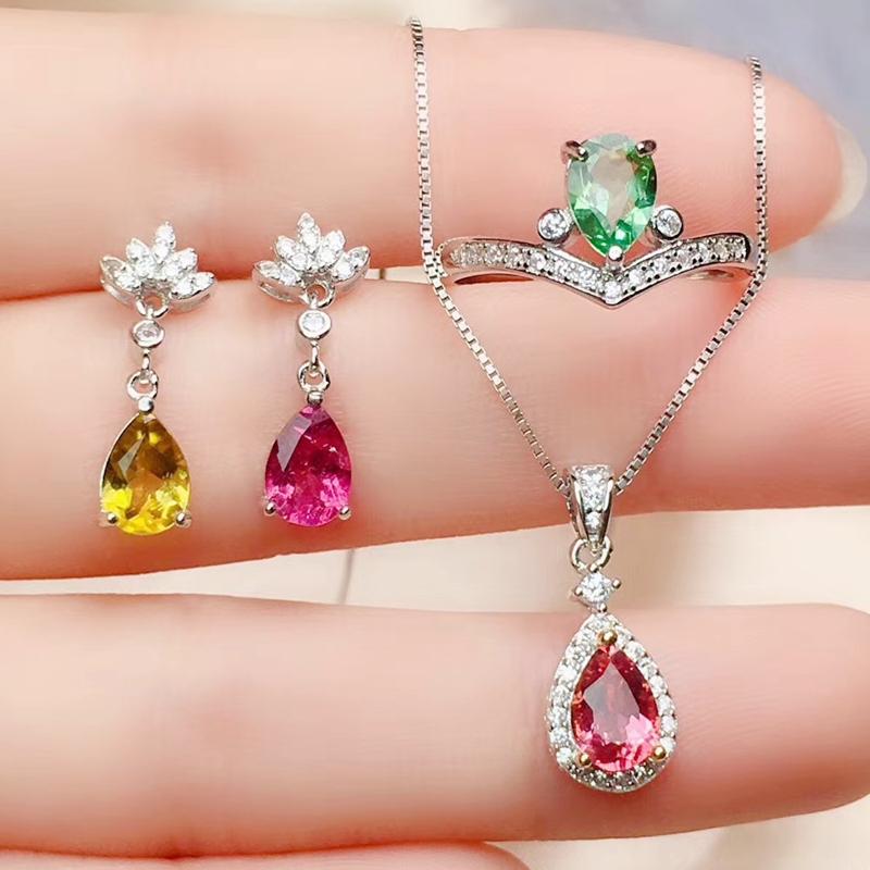 

Bracelet, Earrings & Necklace Per Jewelry Natural Tourmaline Set 0.6ct*4pcs Gems 1pc Ring Pendant 1pair Stud Earring 925 Sterling Silver R20, Black