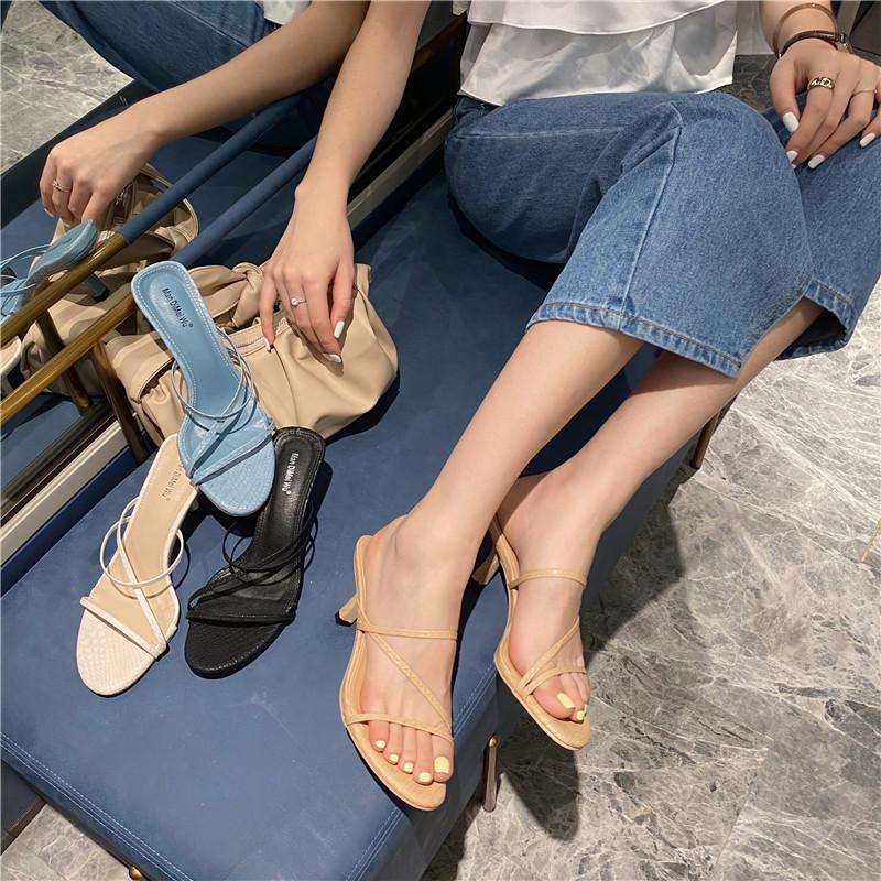 

Beige Heeled Sandals 2021 Women's Med Clear Shoes All-Match Black Medium Stiletto Fashion Girls Elastic Band Comfort Summe
