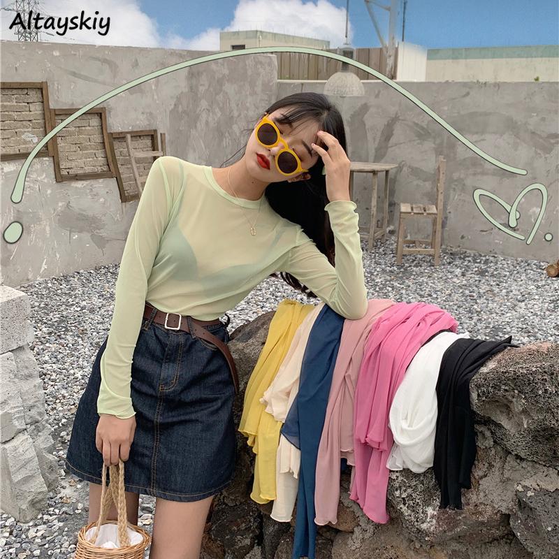 

Women's T-Shirt T-shirts Women Summer Mesh Breathable Sheer Top Slim Sun-proof 9 Colors Sweet Fashion Mujer Beach Harajuku Simple Ins, Green