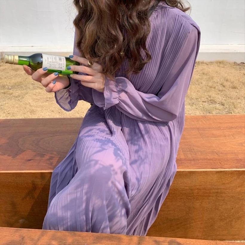 

fashion stand flare sleeve pleated womens dresses medium length purple solid a line draped ankle for women, Black;gray