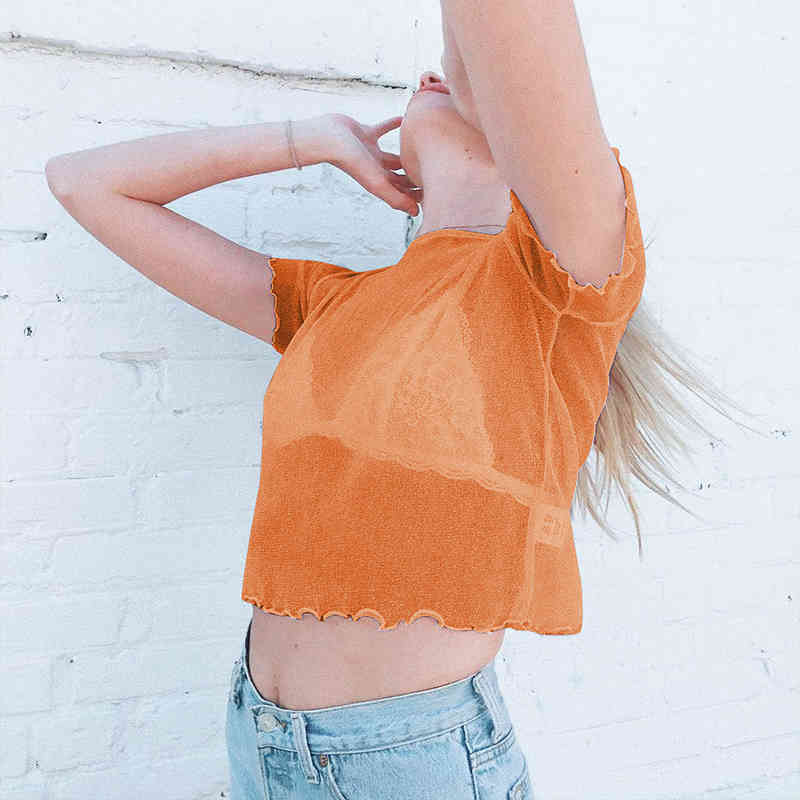 

Paris Girl Mesh transparent top Summer Short-sleeved T-shirt Women tops Fashion 210524, Orange