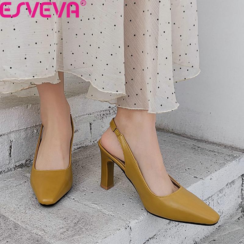 

Sandals ESVEVA 2021 Back Strap Ladies Square High Heel Women Shoes PU Leather Pointed Toe Summer Pumps Big Size 34-43, Black