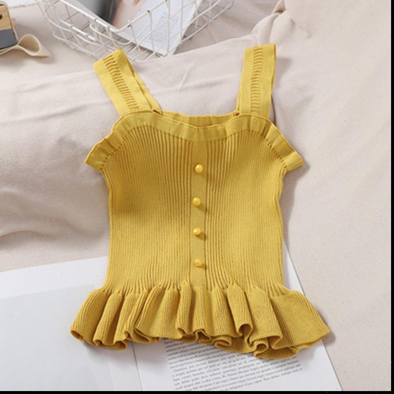 

casual knitted fashion womens camis slim sleeveless button ruffle clothing w841, White