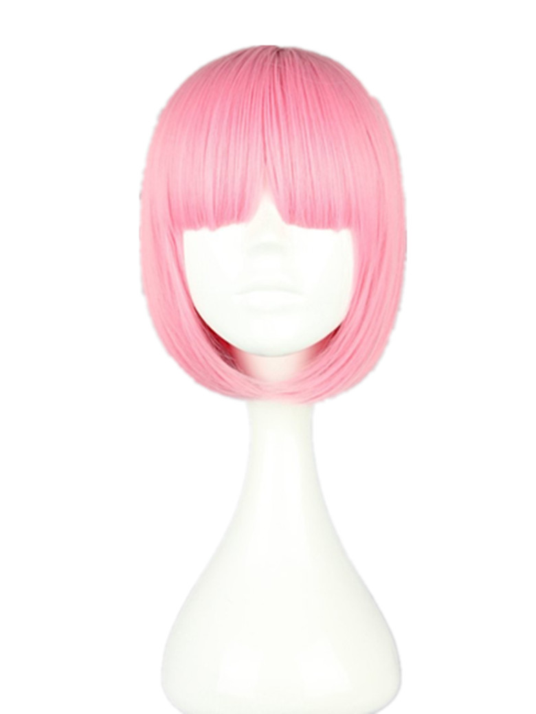 Costume Accessories Fei-Show Pink Wig Synthetic Heat Resistant Short Wavy Carnival Halloween Costume Cos-play Party Salon Flat Bangs Hair-image-751015870