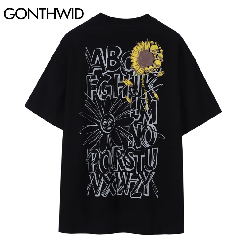 

Hip Hop Tshirts Streetwear Graffiti Skull Sunflower Short Sleeve Tees Shirts Men Harajuku Punk Rock Gothic Tops 210602, White
