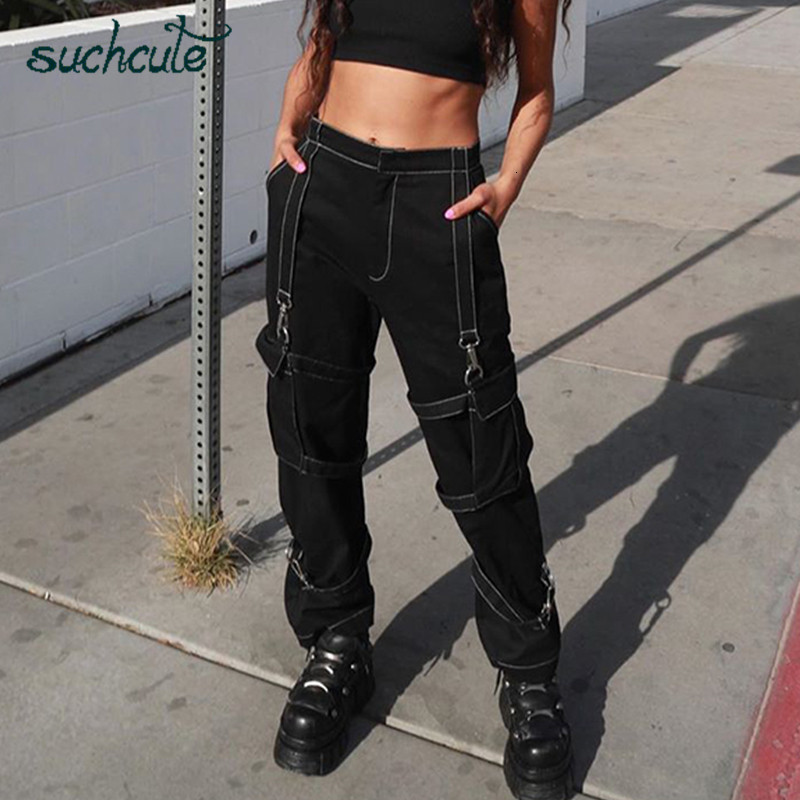 

Women' Jumpsuits & Rompers cargo pants for women Baggy wide leg trousers hip hop Streetwear aesthetic high waist korean style Fem, Black