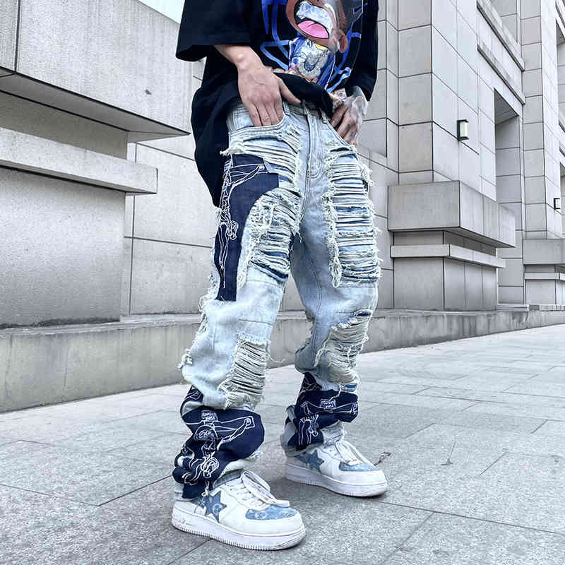 

High Street Hole Embroidery Jeans Pants Mens Color Tassel Ripped Denim Trousers Oversize Baggy Jean, Blue