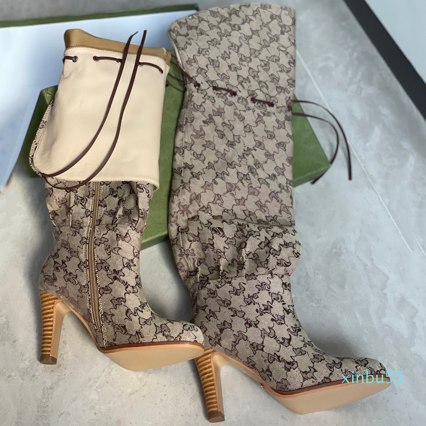 

Women Multicolor Knee-high Boots Interlocking G Canvas Zipper Boot High Heel Top Quality Genuine Leather Beige Pink Printed Laces, Socks