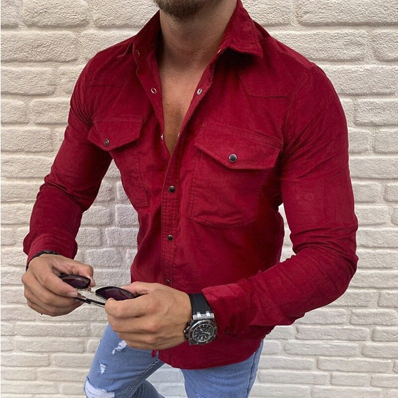Chemise masculine Collier de couleur solide Collier quotidien à manches longues à manches longues de base vert noir rouge S5XW #