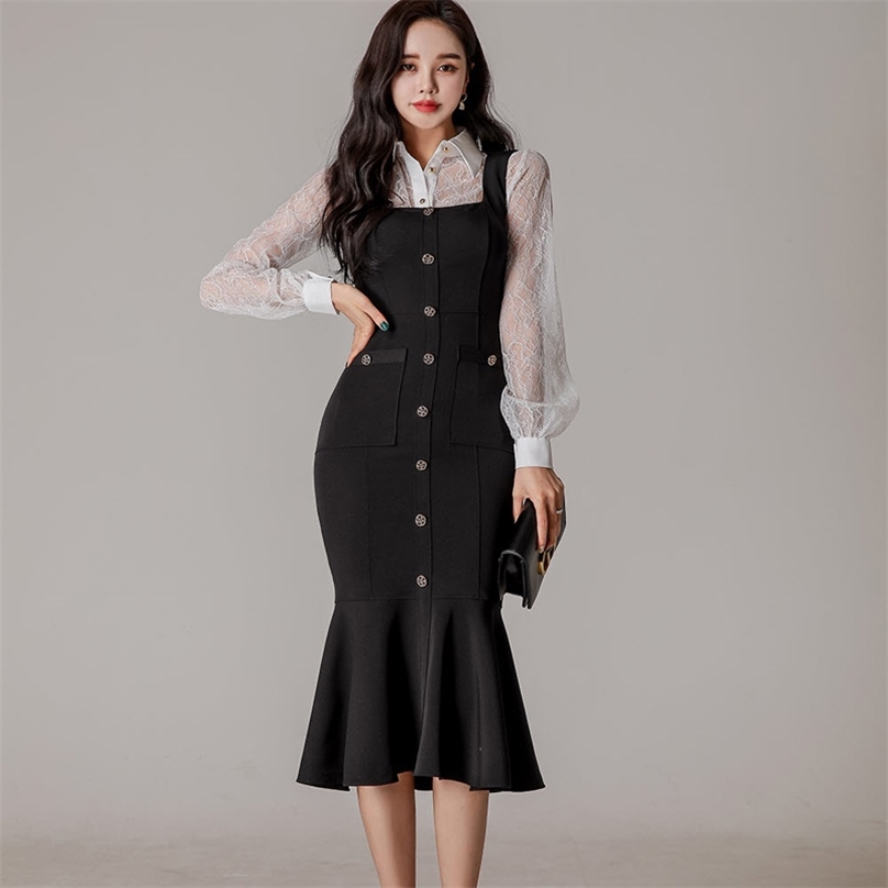 

Han edition cultivate one's morality spring temperament of bud silk shirt single-breasted package hip braces skirt suits fem 210602, Suit