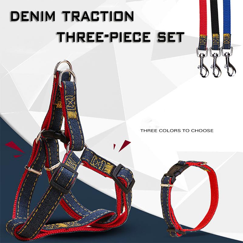 

Denim Style Dog Traction Sets Nylon Adjustable Collar Harness Vest Retractable Leash Set Pets Accessories Collars & Leashes