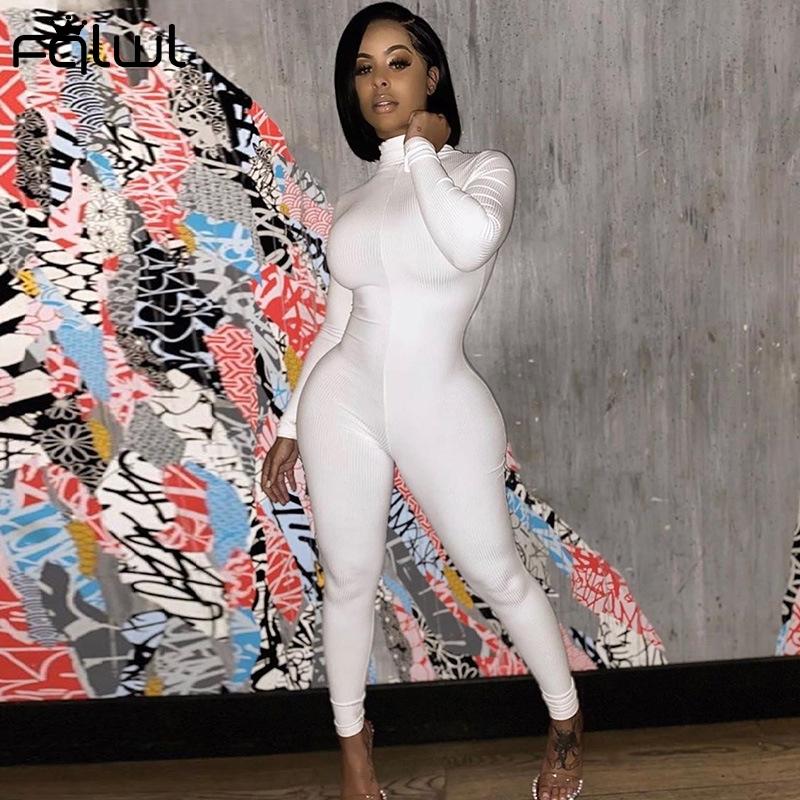 

Ribbed Lucky Label Sexy Bodycon Jumpsuit Women Zipper One Piece Outfits Solid Long Sleeve Womens Female, Romper-yellow