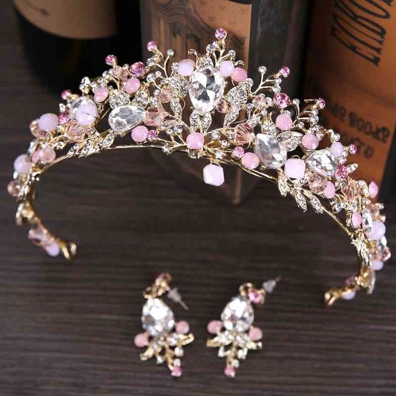 

Pearl Luxury Pink Gold Bridal Crowns Handmade Tiara Bride Headband Crystal Diadem Queen Crown Wedding Hair Accessories