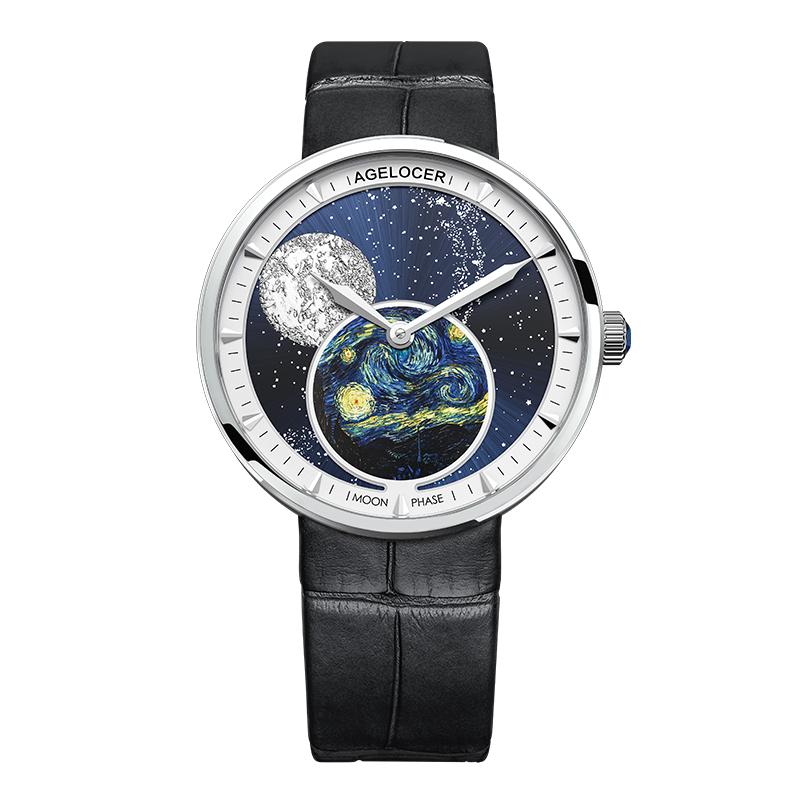 

Wristwatches AGELOCER Ladies Real Moonphase Watch Women Sapphire Waterproof Blue Leather Wrist Watches Moon Phase Bracelet, 6501a1