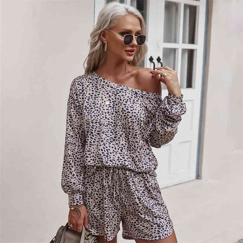 

Summer printed casual fashion Stayhome shorts sweat suit Female leopard two piece set women loose sets womens outfits 210517, Brown