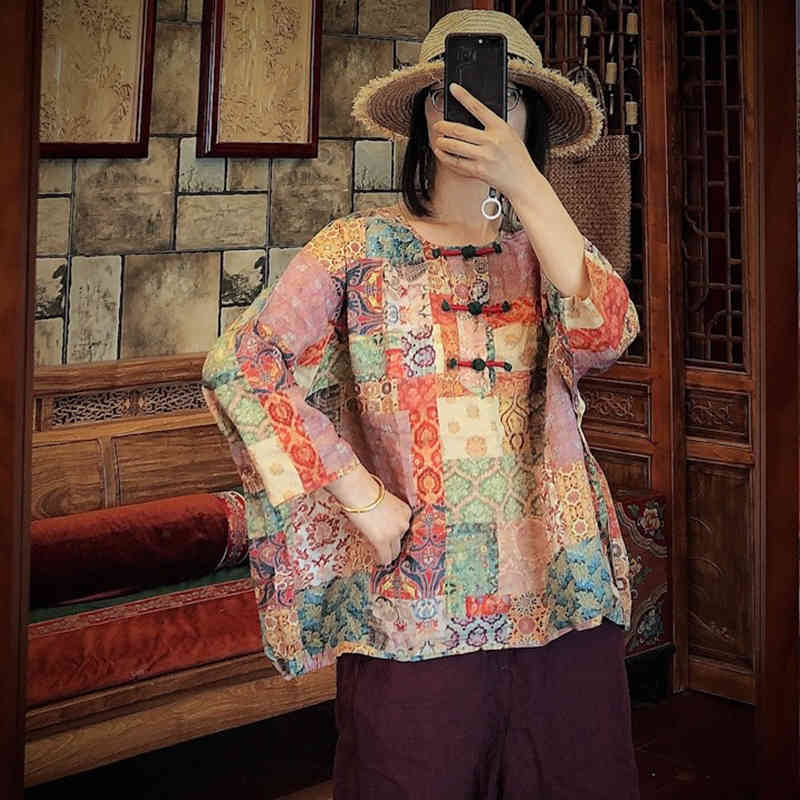 

Johnature Women Blouses Vintage Autumn Tops Three Quarter Sleeve Print Geometric Patterns O-neck Loose Shirts Retro Top 210521