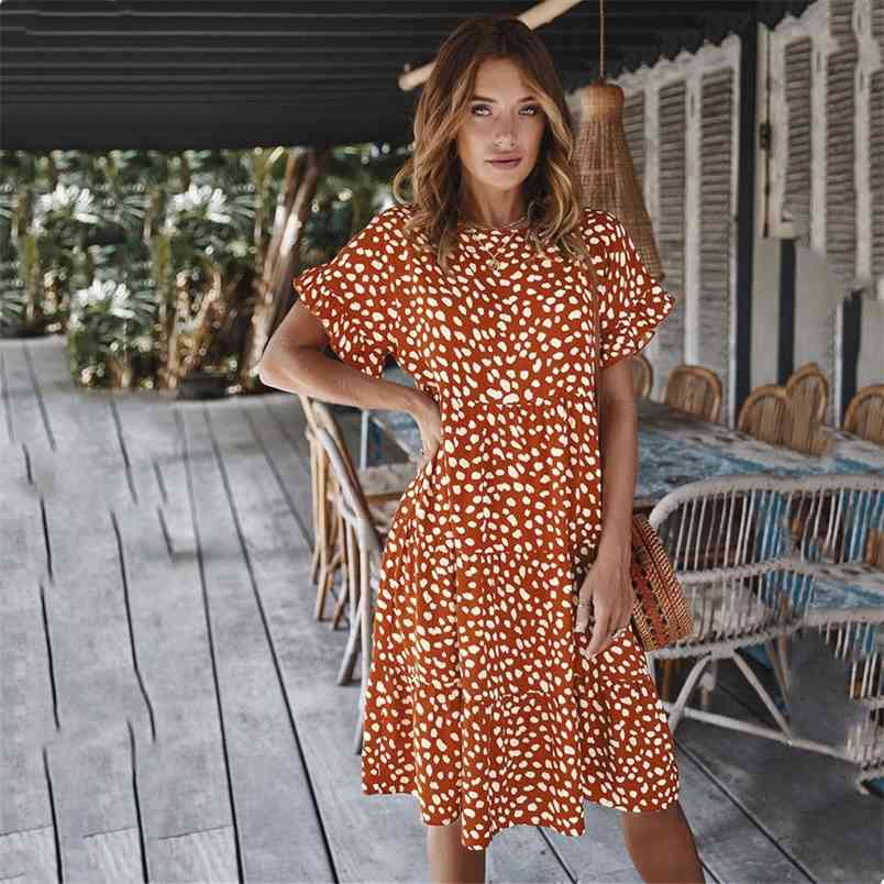 

Summer Polka Dot Elegant Women' Lotus Leaf Sleeve Yellow Dress Round Neck Women Cotton Floral Short Clothing 210517, Black