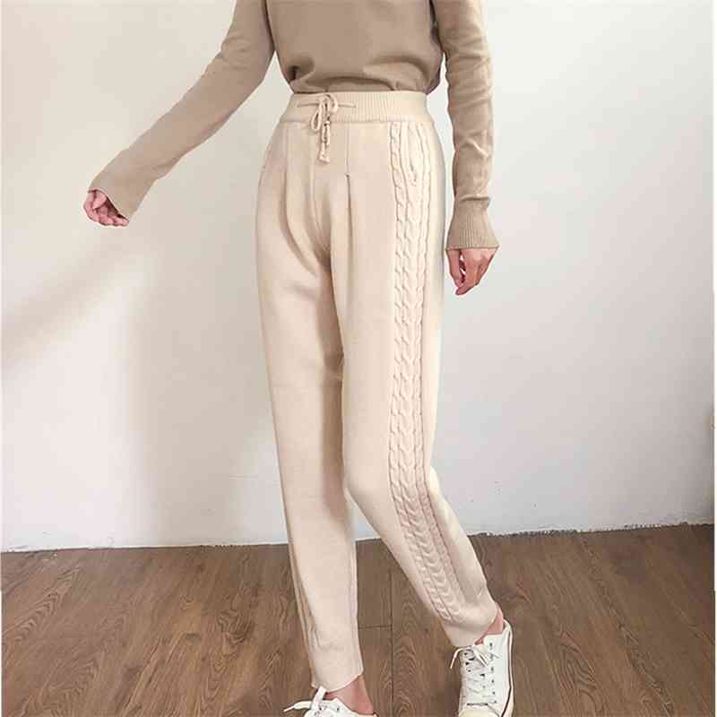 

Autumn Winter Women Woolen Pants Knitting Weave High Waist Loose Elegant Korean Style Casual Harem 210520, Photo color