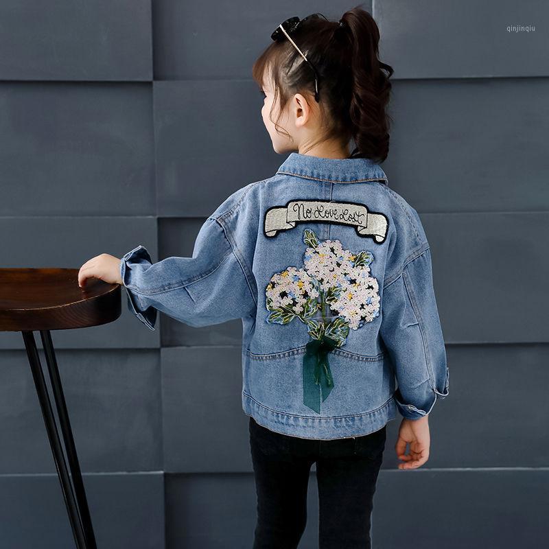 

Jackets 2021 Spring Autumn Kids Denim For Girls Baby Flower Embroidery Coats Fashion Child Outwear Ripped Jeans W84, Blue;gray