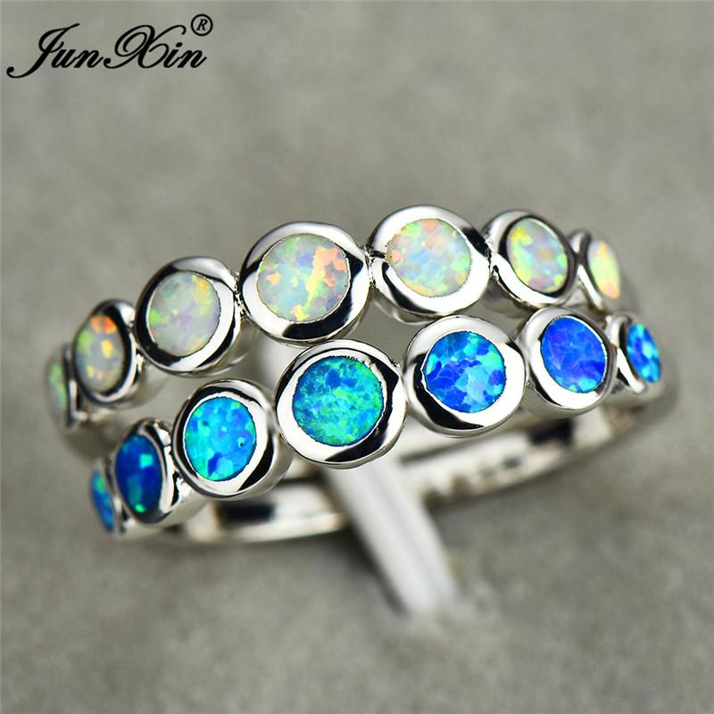 

Wedding Rings Boho Cute Female Small Round Finger Ring 925 Silver Blue Fire Opal Stone Vintage Engagement For Women, Slivery;golden
