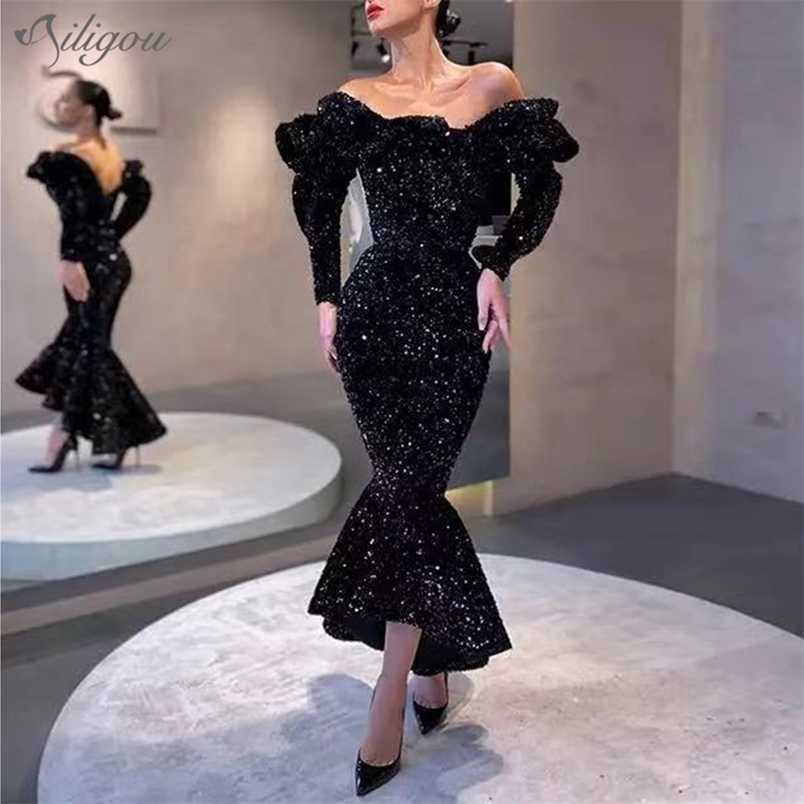 

Mermaid Long Sexy Strapless Sleeve Black Sequined Arabian Style Dubai Women Formal Celebrity Party Dress 210525