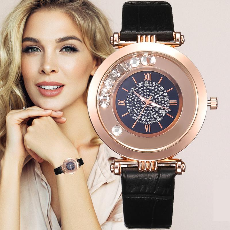

Wristwatches Women Watches Top Leather Quartz Wristwatch Ladies Dress Rhinestone Watch Black Montre Femme, Brown