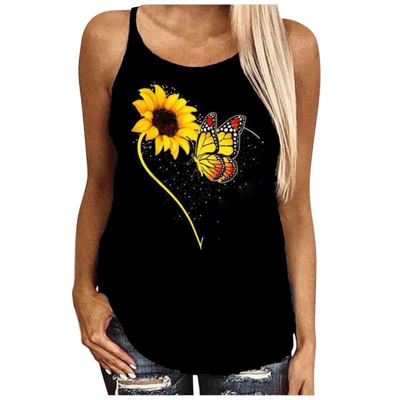 

Women' Tanks & Camis Sunflower Butterfly Print Clothes O-Neck Causal Sexy Y2K Tank Tops Street Style Sleeveless Tshirt 2021 Ropa Mujer, Black