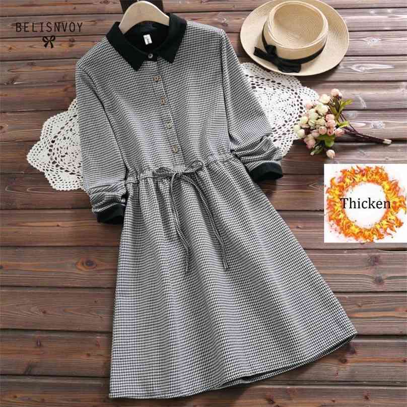 

Robe Femme Autumn Winter Warm Thick Casual Shirt Dress For Women Vintage Plaid Mori Girl Vestidos Korean Sweet A-Line 210520, Black