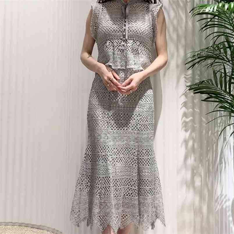 

Chic Lace Hollow Out High Waist Drawstring Design Woman Skirts Elegant Temperament Trumpet Skirt Solid Slim Jupe 210708, Light pink